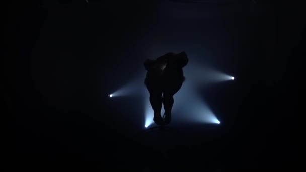 Les filles tournent en rond pour des acrobaties aériennes. Fond de fumée noire. Silhouette. Mouvement lent — Video