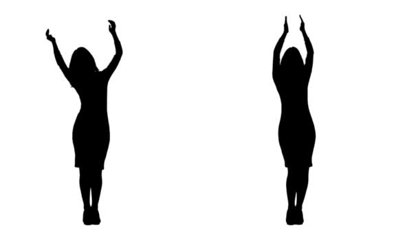 Chica aplaude sus manos y mueve su cuerpo a la música. Fondo blanco. Silueta — Vídeos de Stock