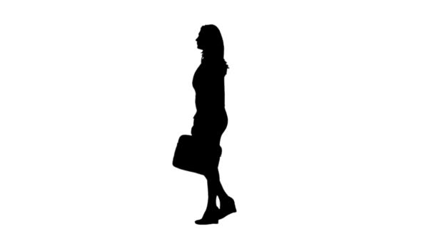 Το κορίτσι με τα πόδια ένα χαρτοφύλακα στο χέρι. Πλαϊνή όψη. Λευκό φόντο. Σιλουέτα — Αρχείο Βίντεο
