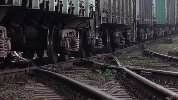 Primer plano de las ruedas del tren en marcha . — Vídeo de stock