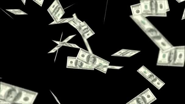 Cem notas de dólares americanos caem sobre fundo preto. Canal Alfa . — Vídeo de Stock