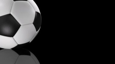 Dokulu futbol topu ayna yüzeyinde dönen 3d animasyon.