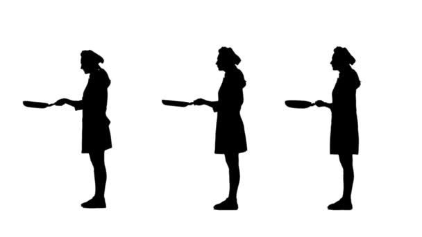 Three black silhouettes of lady cook reacting to dishs smell. — Stock Video