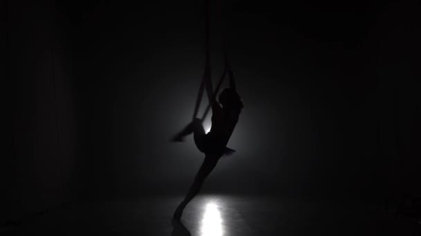 De vrouwelijke gymnast die van de lucht op een rode zijde in een circus stadium presteert. Spannende acrobatische show. 045 — Stockvideo