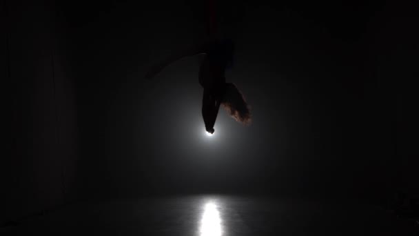Gymnaste aérien féminin jouant sur une soie rouge dans un stade de cirque. Spectacle acrobatique passionnant. 046 — Video