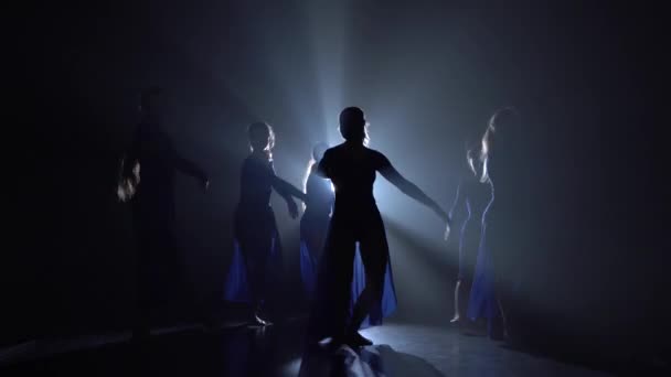 Genç kadınlar stüdyoda modern bale unsurlarıyla dans ediyorlar. — Stok video