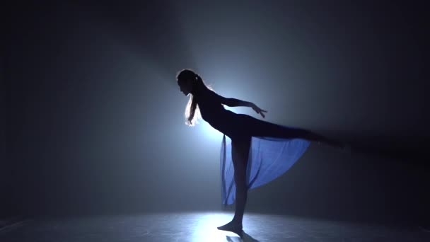 Silhouette of beautiful ballerina is dancing against spotlight at studio. — Stock Video