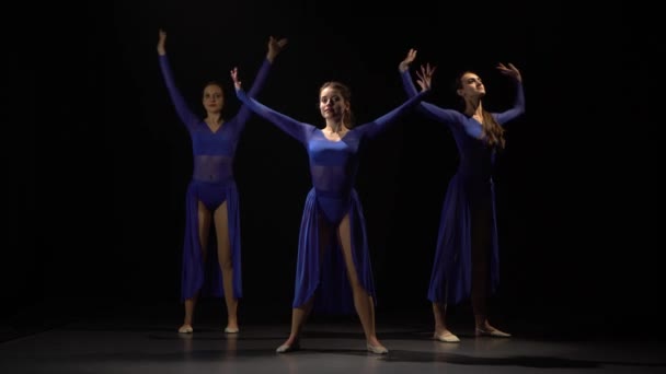 Trzy wdzięku dorosłych baleriny tańczą elementy nowoczesnego baletu. — Wideo stockowe