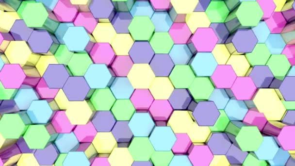 3D animation abstract background of a multicolored hexagons rising up and down. — Stock Video