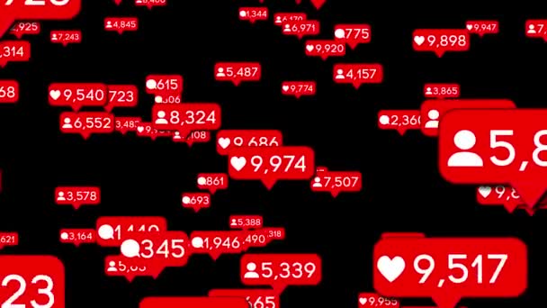 3D-animering, gilla-markeringar, följare och meddelanden räknare flytande till skärmen. — Stockvideo