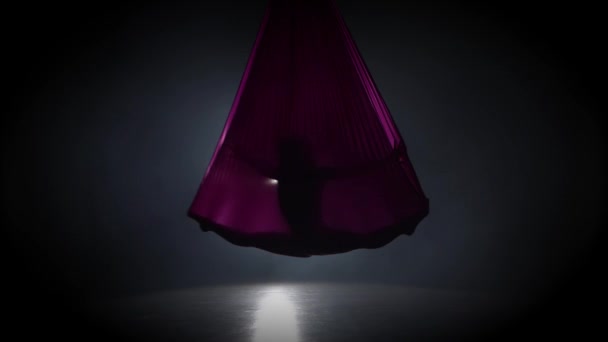 Ginnasta aerea donna che si esibisce su seta viola in scena circo. Emozionante spettacolo acrobatico 064 — Video Stock
