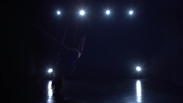 Flicka antenn gymnast utför på en silke i en cirkus skede. Spännande akrobatiska show. 076 — Stockvideo