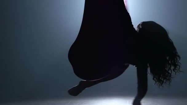 Női légi tornász, aki ibolyaszín selymen lép fel a cirkuszi színpadon. Izgalmas akrobatikus show. Lassú mozgás. Közelkép. 303 — Stock videók