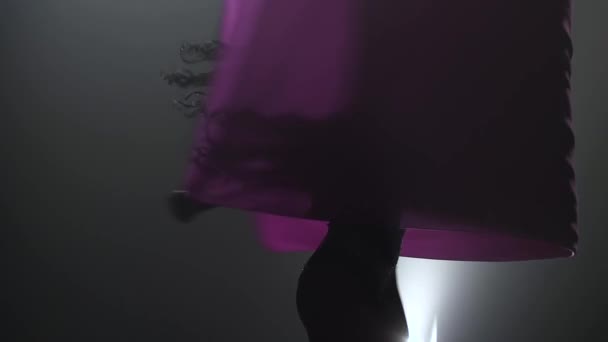 Жінка-гімнастка, яка виступає на фіолетовому шовку на цирковій сцені. Захоплююче акробатичне шоу. Повільний рух. Крупним планом. 307-річний — стокове відео