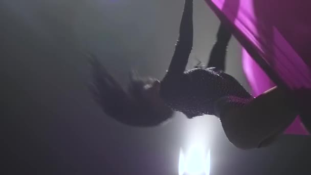 Женская воздушная гимнастка, выступающая на фиолетовом шелке в цирке. Захватывающее акробатическое шоу. Медленное движение. Крупный план. 310 год — стоковое видео