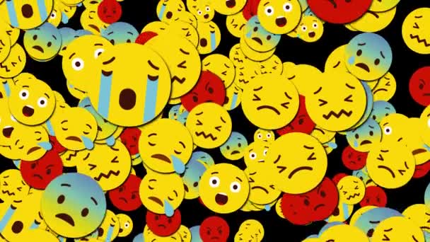 Animation des Umfallens unglücklicher großer Emojis von oben nach unten. — Stockvideo