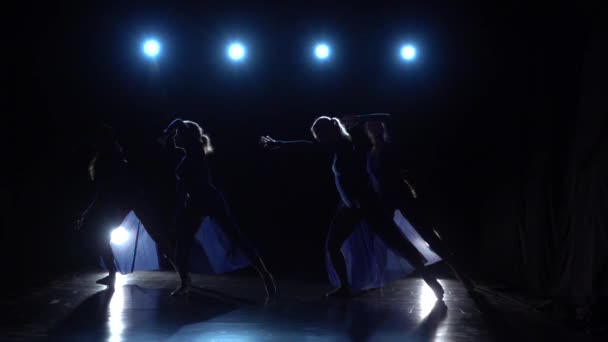 Чотири молодих майстерних балерини танцюють сучасний балет. Повільний рух — стокове відео