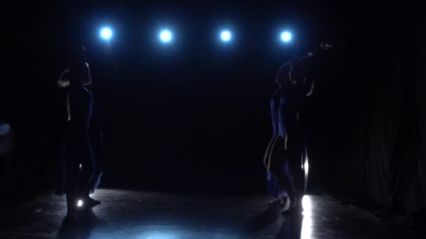 Cámara lenta de cuatro bailarinas elegantes experimentadas bailando ballet moderno . — Vídeo de stock