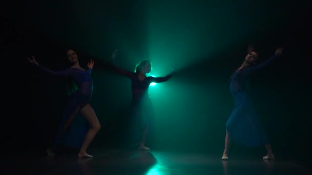 Tres encantadoras bailarinas deportivas bailando ballet moderno. Movimiento lento — Vídeo de stock