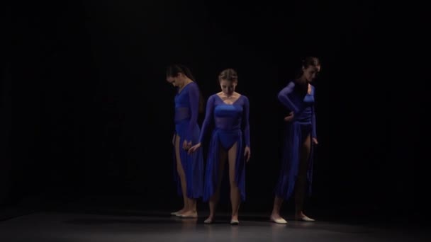 Slow Motion van drie sexy sterke ballerina's dansen elementen van ballet. — Stockvideo