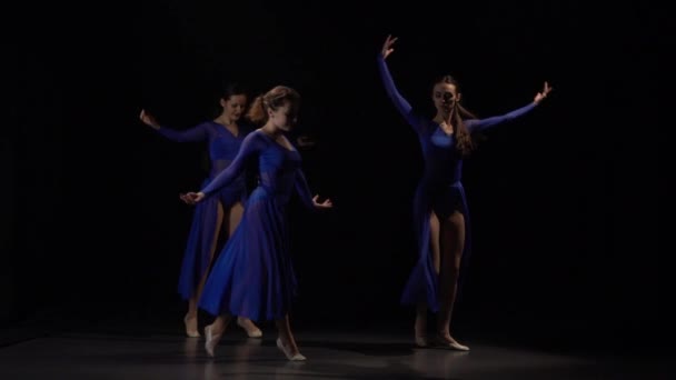 Slow Motion van drie sensuele ballerina's dansen elementen van het ballet. — Stockvideo