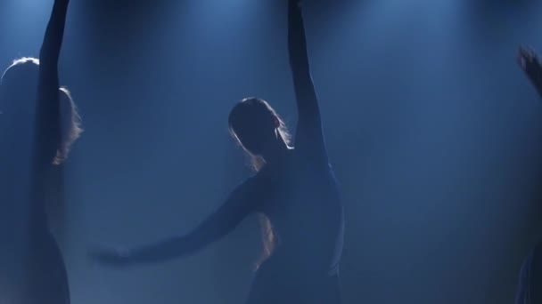 Nahaufnahme Zeitlupe, drei sportliche Ballerinen tanzen Elemente des Balletts. — Stockvideo