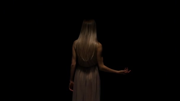 Vista posterior de la seductora mujer bailando en el crepúsculo en el estudio. Movimiento lento — Vídeos de Stock