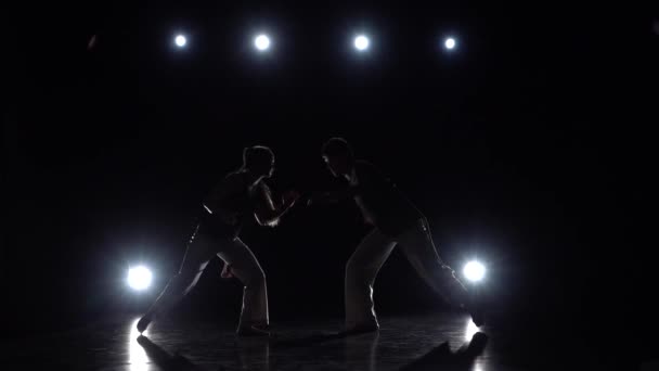 Nő és férfi gyakorló capoeira sötétségben reflektorfényben. Lassított mozgás. — Stock videók