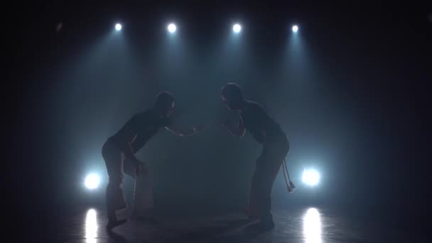 Stately mâles pratiquant la capoeira dans l'obscurité contre les projecteurs en studio. Mouvement lent . — Video