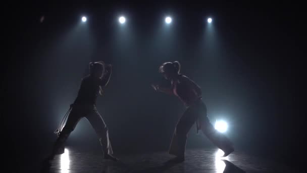 Stately femelles pratiquant la capoeira dans l'obscurité contre les projecteurs en studio. Mouvement lent . — Video