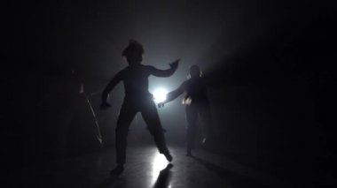 Profesyonel dansçılar stüdyoda spot karşı karanlıkta capoeira pratik.