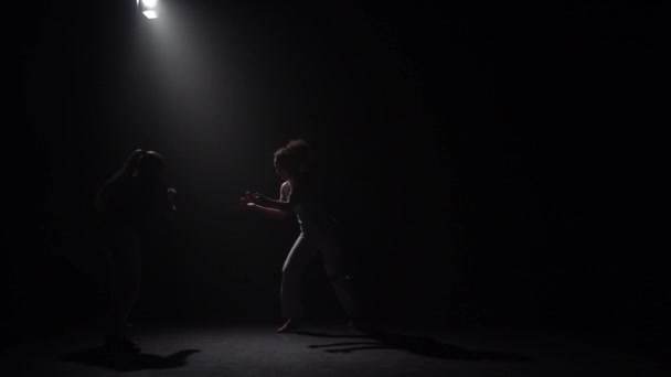 Twee vrouwtjes beoefenen Capoeira in de duisternis onder Spotlight in Studio. Slow Motion. — Stockvideo