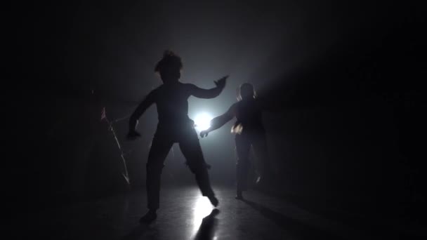 Danseurs professionnels pratiquant la capoeira dans l'obscurité contre les projecteurs en studio . — Video