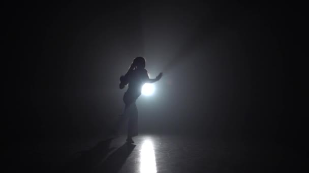 Danseuse professionnelle pratiquant la capoeira dans l'obscurité contre les projecteurs en studio. Mouvement lent . — Video