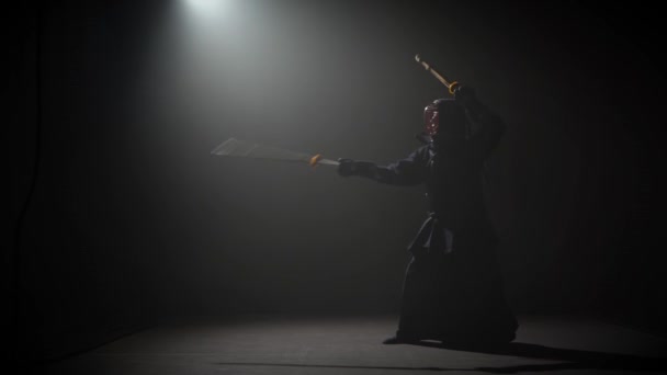 Інструктор з кендо практикує бойове мистецтво з катана катана Сінай. — стокове відео