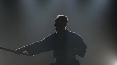 Usta Kendo ustası Katana kılıcıyla dövüş sanatı yapıyor. Yavaş çekim