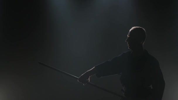 Ο συγκεντρωμένος γκουρού Kendo ασκεί πολεμικές τέχνες με το μπόκκεν, αργή κίνηση — Αρχείο Βίντεο