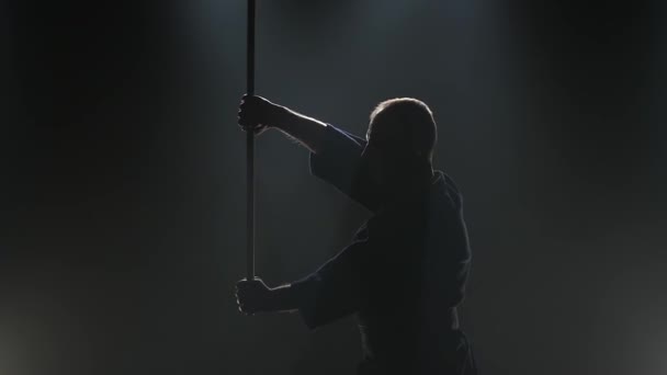 Kendo-Guru praktiziert Kampfkunst mit der Bokken, Zeitlupe