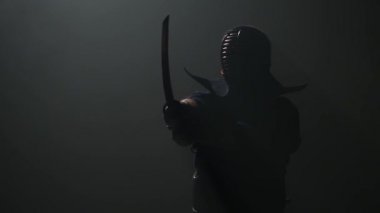 Deneyimli Kendo gurusu Katana kılıcı ile dövüş sanatı pratik. Yavaş çekim