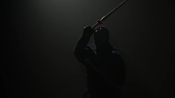 Luchador Kendo practicando artes marciales con los Katana Shinais. Movimiento lento — Vídeo de stock