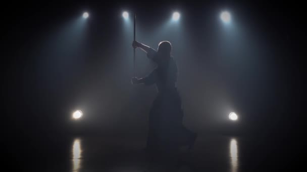 카타나 검으로 무술을 연습하는 검도 강사. 슬로우 모션 — 비디오