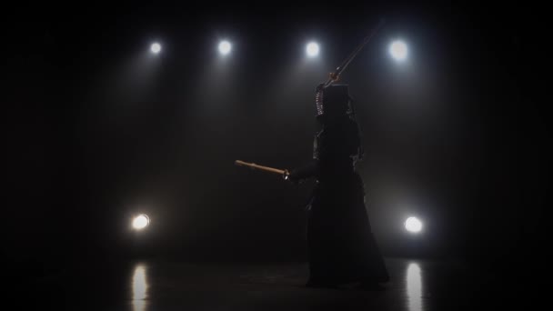 Maestro di kendo che pratica arte marziale con Katana shinai, slow motion . — Video Stock