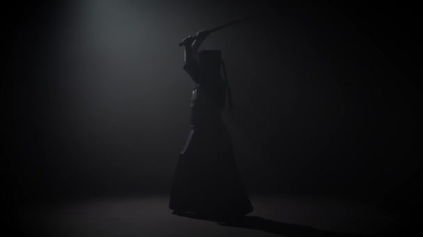 Кендо винищувач практикуючих бойові мистецтва з мечем катана, повільний рух. — стокове відео