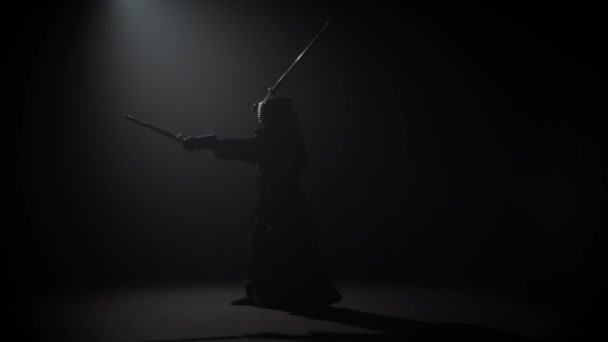 Guerrero Kendo practicando arte marcial con Katana Shinais, cámara lenta . — Vídeos de Stock
