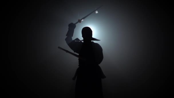 Silhouette kendo guru is practicing martial art with Katana shinais. Slow motion. — Stock Video