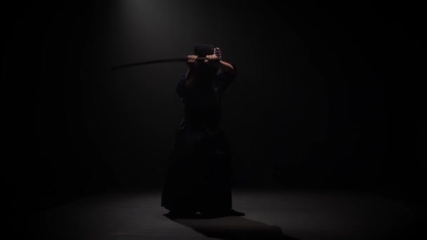 Kendo guerreiro está praticando arte marcial com a espada Katana. Movimento lento — Vídeo de Stock