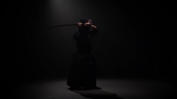 Kendo savaşçısı Katana kılıcıyla dövüş sanatı yapıyor. Yavaş çekim — Stok video