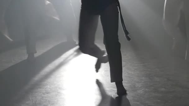 스튜디오에서 스포트라이트에 대한 카포에이라를 연습 스포티 한 사람들의 다리. — 비디오