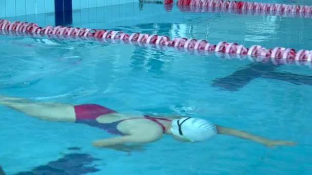 Male swimmer starting block and start swims in pool. Professional athlete training: dive and splashes water surface — Stock Video