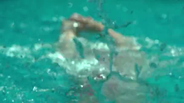 Аматор-жінка-спортсменка робить інсульт метелика під час тренувань у критому басейні, повільний рух, постійний постріл Full HD — стокове відео
